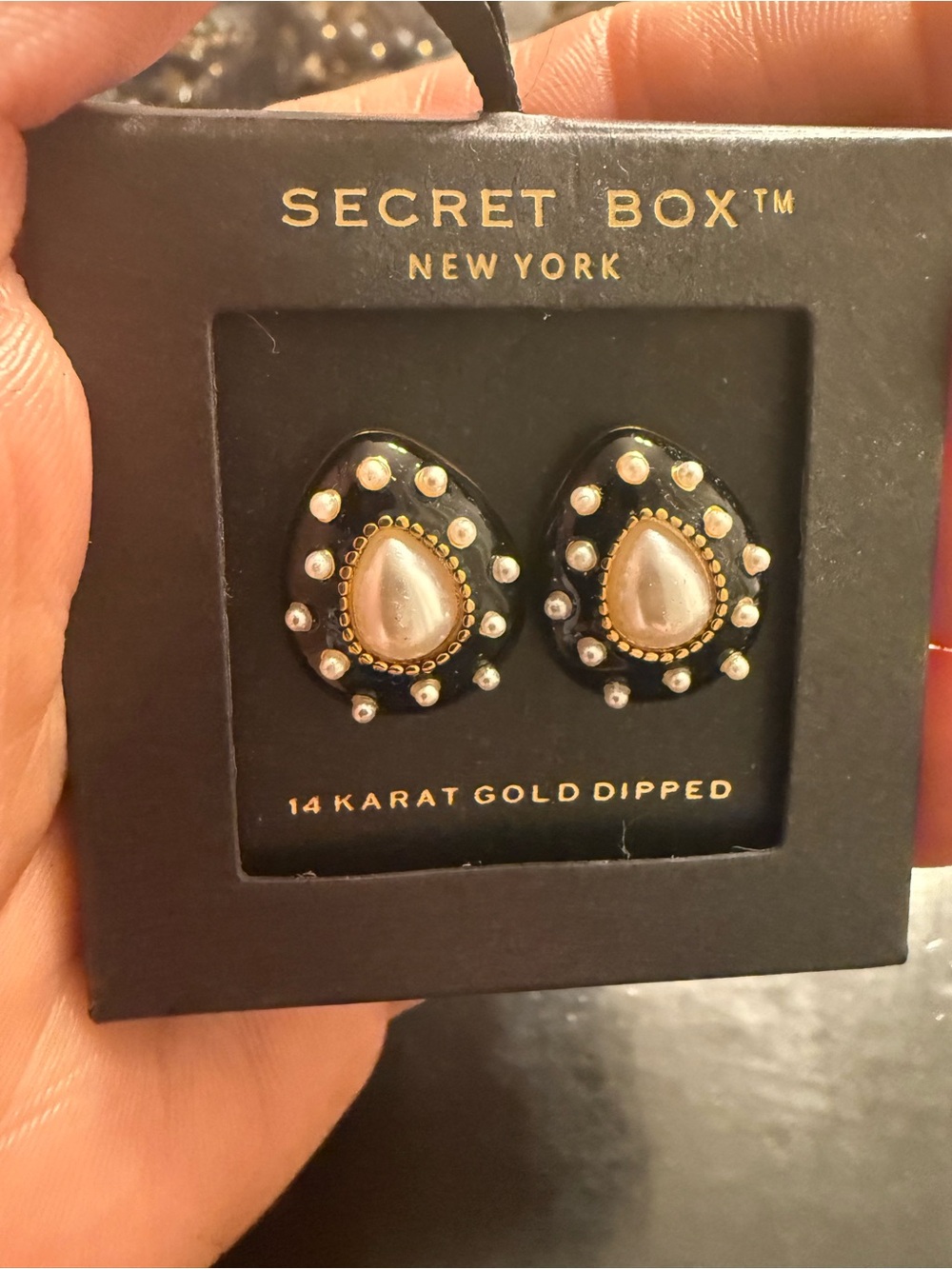 Black and Gold Teardrop Pearl Accent Stud Earrings